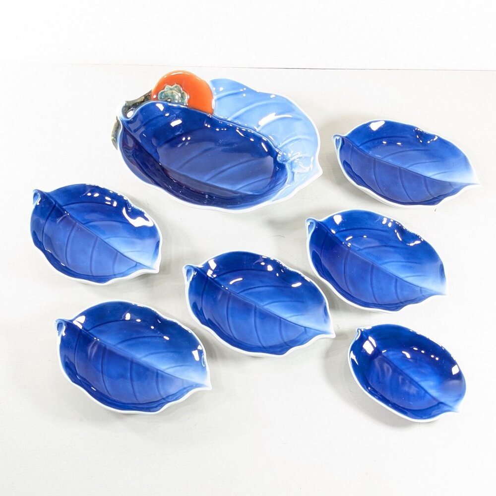 Fukagawa Seiji Japanese porcelain Leaf shaped dishes, Blue Persimmon sauce soy